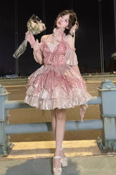 Robe Lolita Jsk Princesse Élégante Douce avec Nœud Papillon Hanayome à Imprimé Multicouche Rose